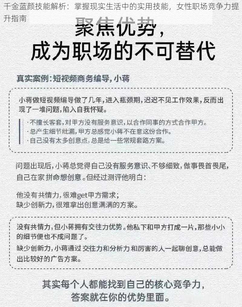 千金蓝颜技能解析：掌握现实生活中的实用技能，女性职场竞争力提升指南