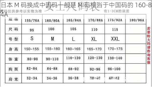 日本 M 码换成中国码一般是 M 码相当于中国码的 160-84A