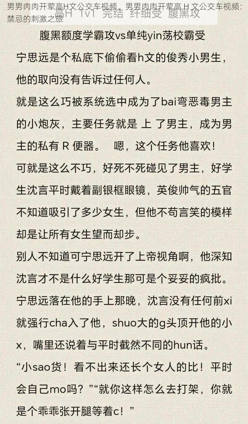 男男肉肉开荤高H文公交车视频、男男肉肉开荤高 H 文公交车视频：禁忌的刺激之旅