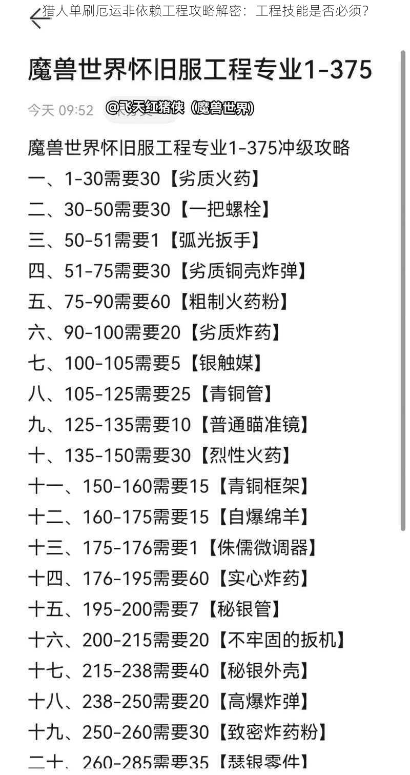 猎人单刷厄运非依赖工程攻略解密：工程技能是否必须？